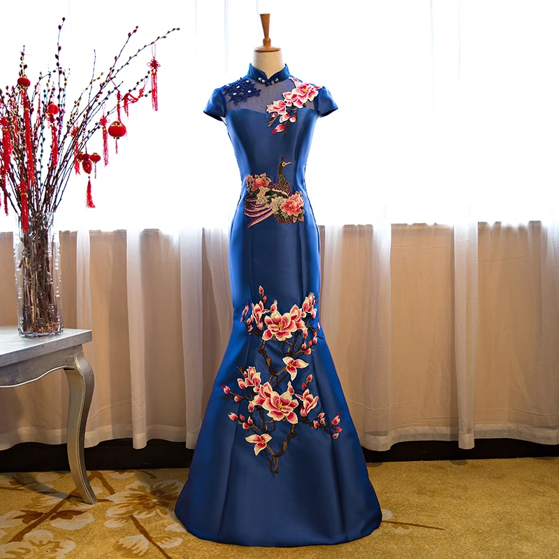 

Red Womens Bridal Wedding Party Dress Long Chinese Cheongsam Elegant Prom Dress Maxi Qipao Slim Married Mermaid Dresses