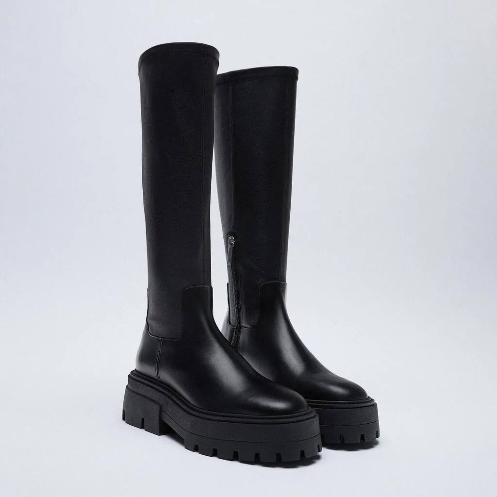 

2020 Women's Long Boots Black PU leather Grooving Sole Knee-high Fashion Boots