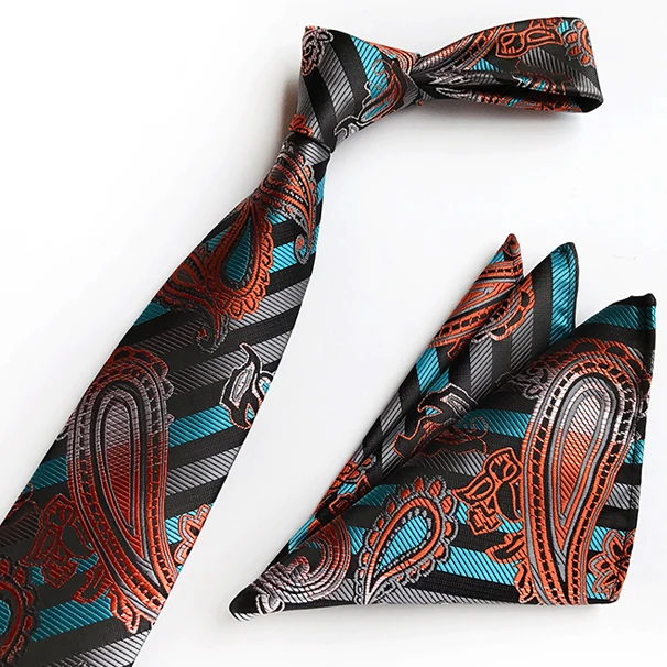 

Unique Design Mens Necktie Pocket Square Set Striped Paisley Ties Gravata with Handkerchief