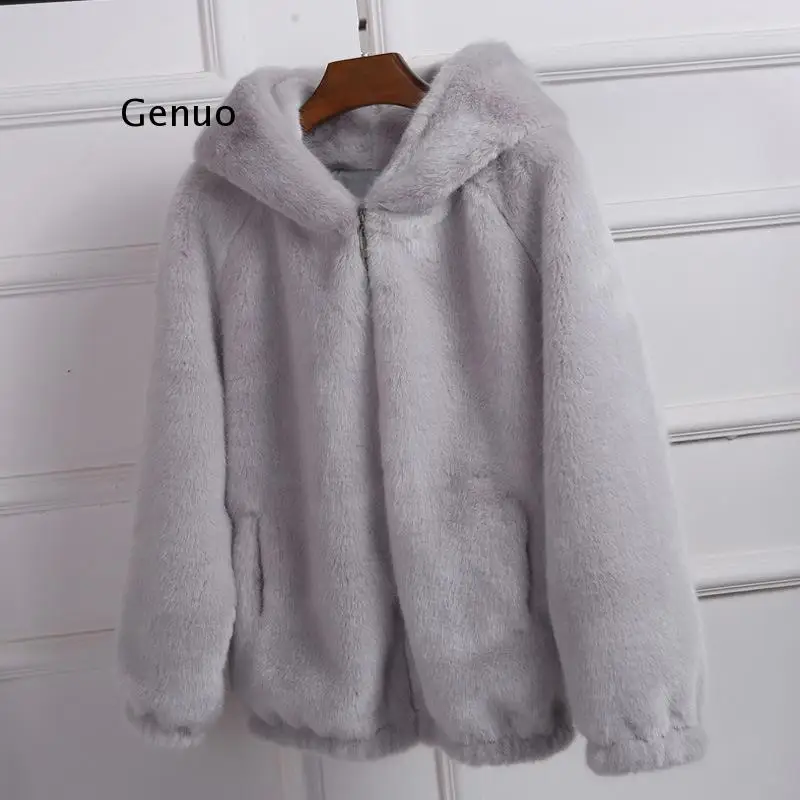 

Pure White Pink Black Hooded Faux Fur Coat Women's Autumn Winter Thick Warm Soft Fluffy Zipper Jacket Casual Loose Outerwear