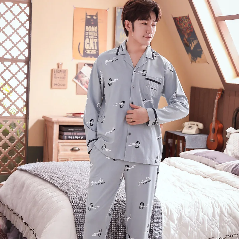 Autumn New Cotton 2PCS Pajamas Suit Men Casual Home Clothes Turn-down Collar Shirt&ampPant Sleepwear L-3XL Loose Nightwear | Мужская