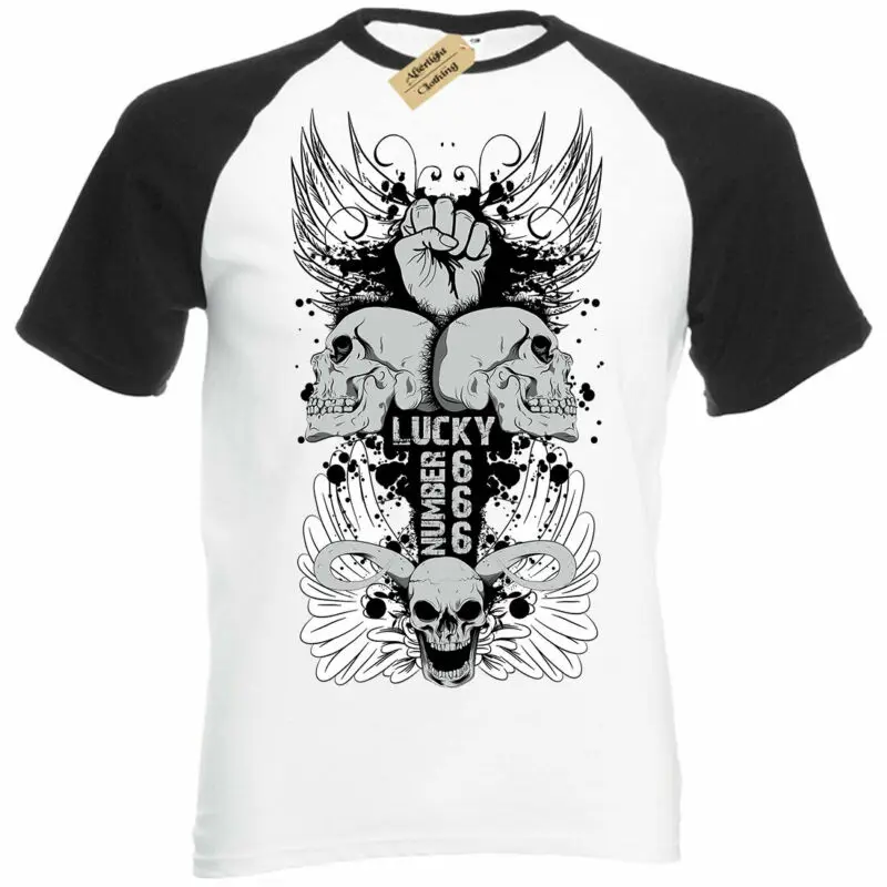 Lucky 666 Totenkopf Kreuz fl�gel Engelsblau Готическая футболка Kurz?rmelig Baseball | Мужская одежда