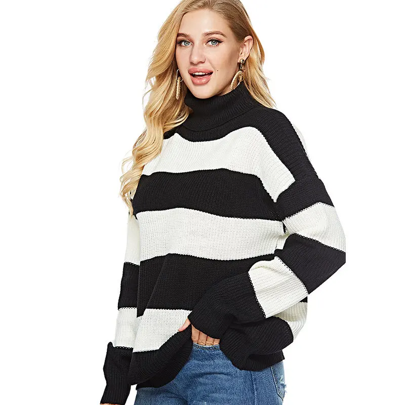 

Pullover ladies oversized pile collar striped knitted sweater women fall/winter new fashion simple pullover sweater