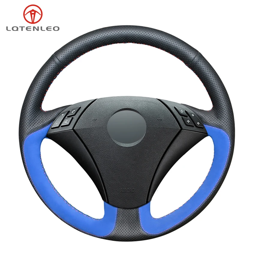 

LQTENLEO DIY Car Steering Wheel Cover Black Leather Blue Suede For BMW E60 E61 520i 520li 523 523li 525 525i 530 530i 535 545i