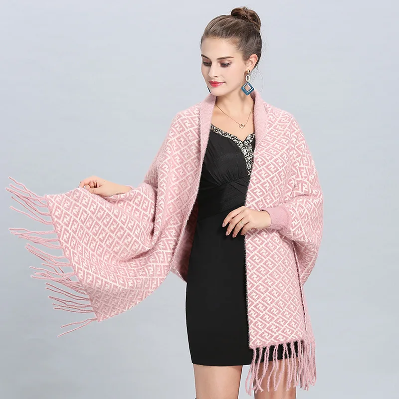 Модное теплое осеннее однотонное большое клетчатое пончо для женщин Норковое