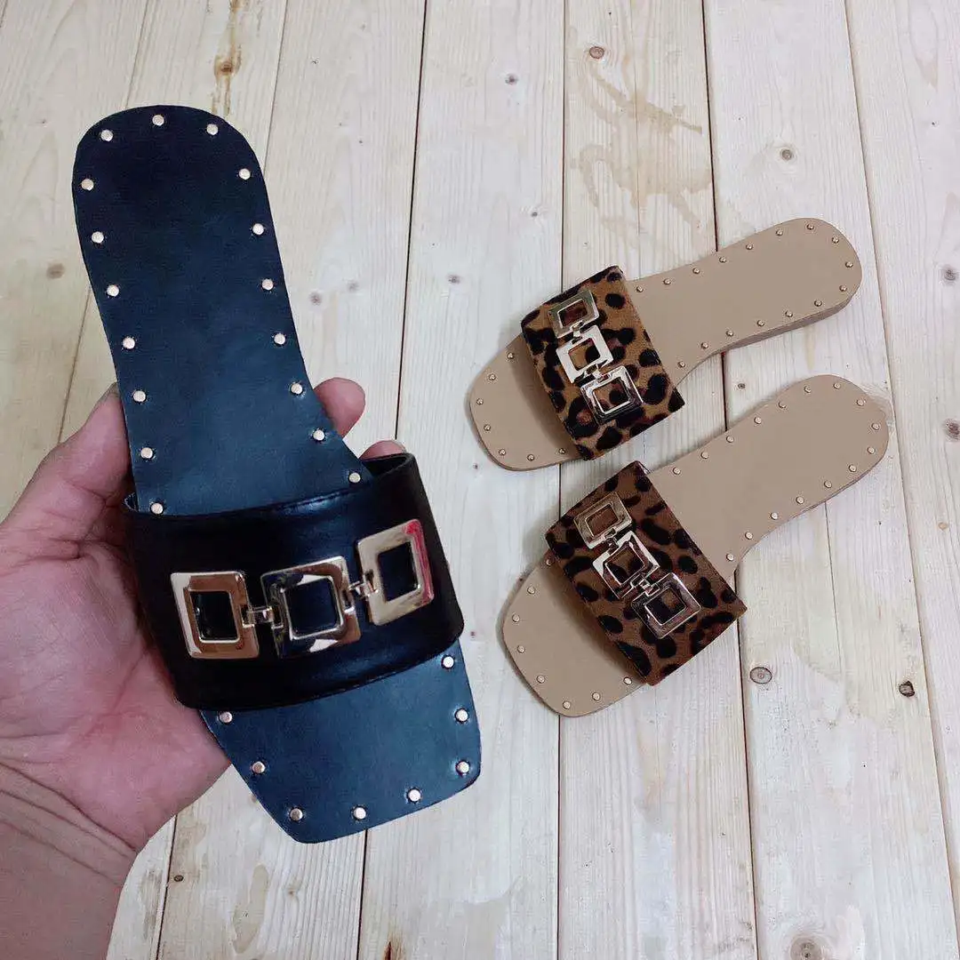 

Summer fashion beach shoes with leopard print women's square heel large size 37-42 slippers ladies women shoes