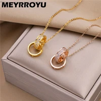 meyrroyu stainless steel new romantic zircon double circle pendant necklace for women gift trend chain fashion jewelry wholesale