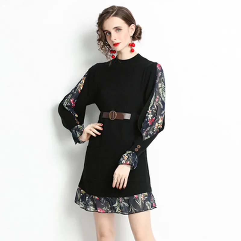 

Винтажное Модное шифоновое строченное платье-свитер из двух частей для женщин трикотажное платье-мини с карманами на осень и зиму