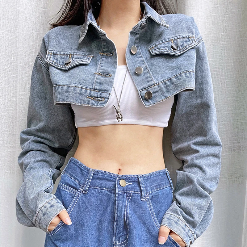 

Y2K Solid Color Short Denim Jacket Women's Autumn Retro Sexy Kpop Streetwear Jeans Down Jacket Women Winter 2021 E Girls Top