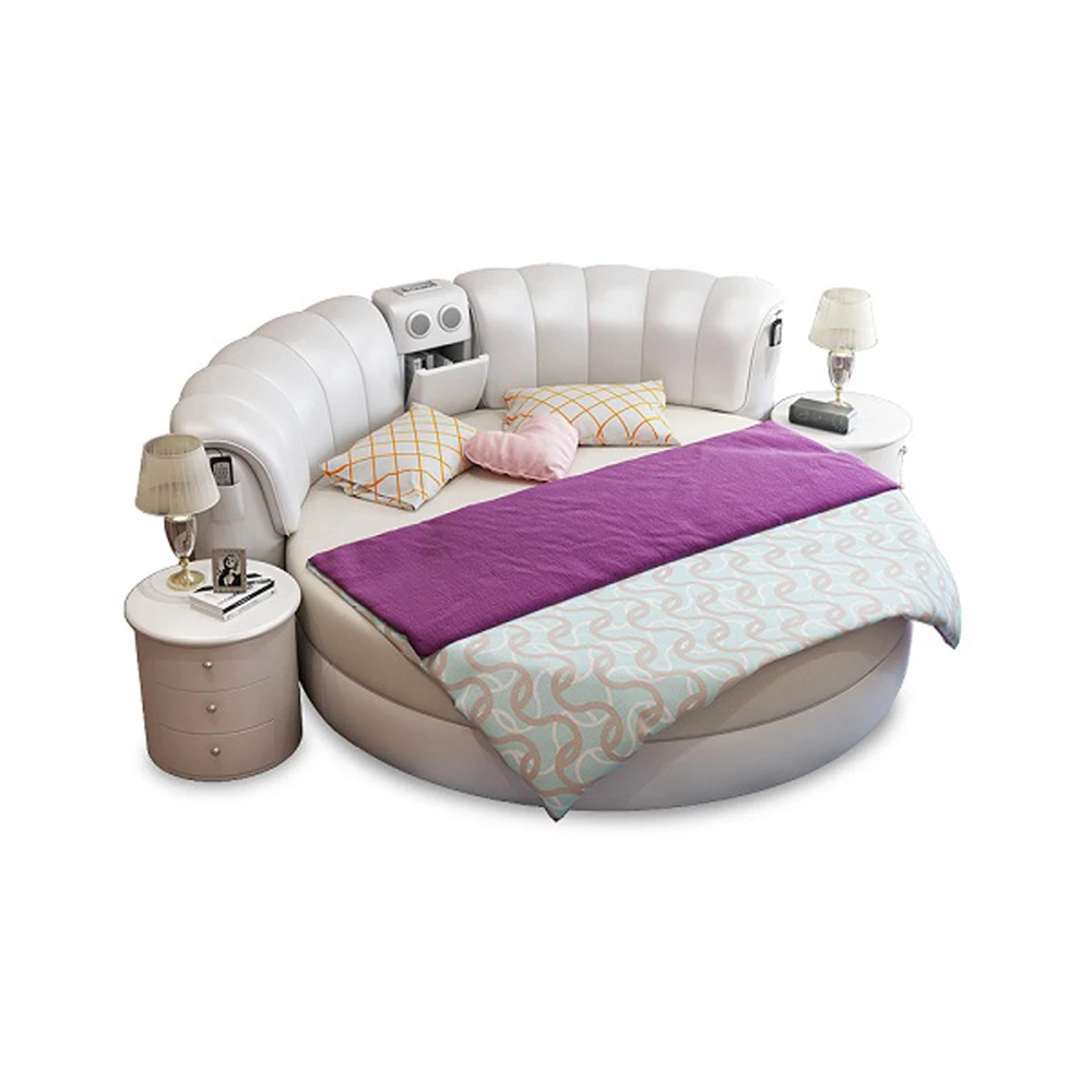 

Genuine Leather multifunctional massage bed frame Nordic camas ultimate bed round bed LED light Bluetooth speaker safe storage