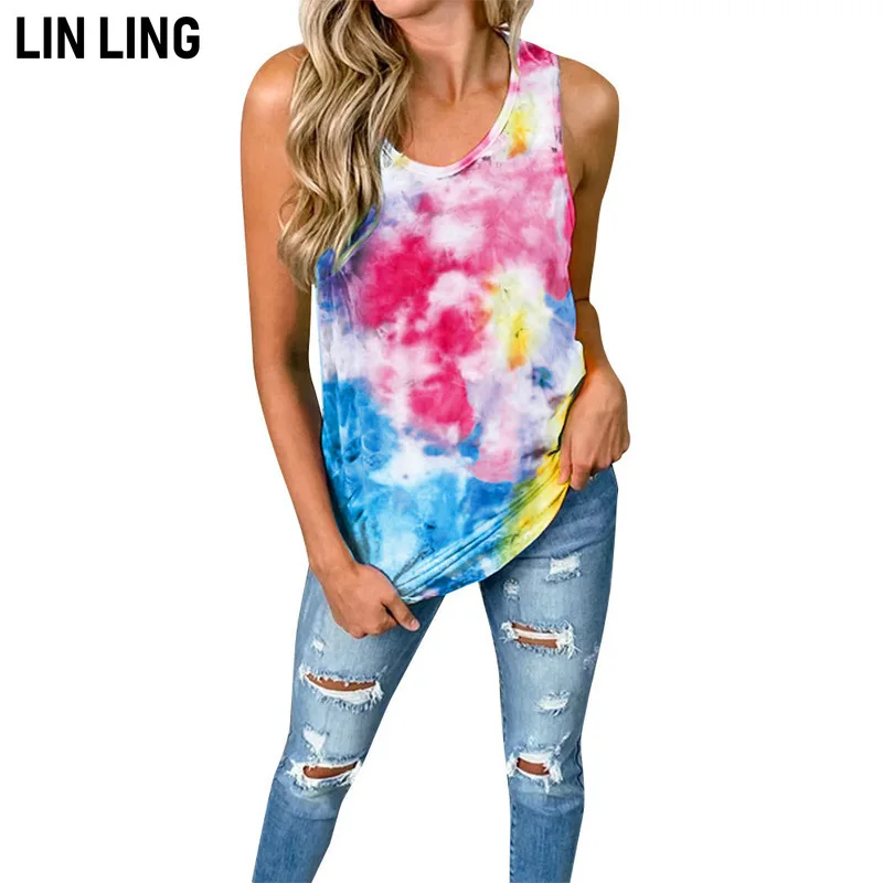 

LINLING Street Trendsetter Geometric Cube Print O-neck Shirt Long Sleeve Retro Loose T-shirt Sleeveless tie-dye kinks