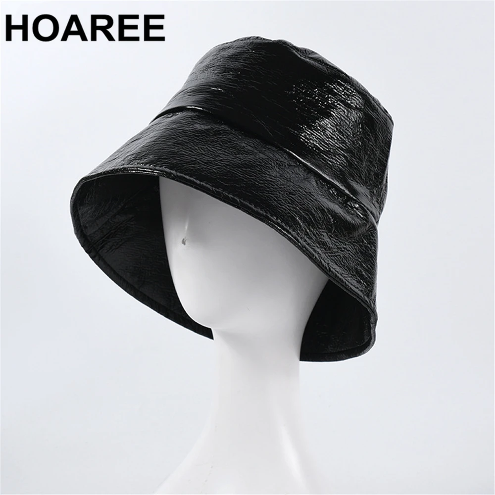 HOAREE Leather Bucket Hat Women Black Pu Female Harajuku Hat Autumn Winter Ladies Brand Solid Casual Fisherman Hat