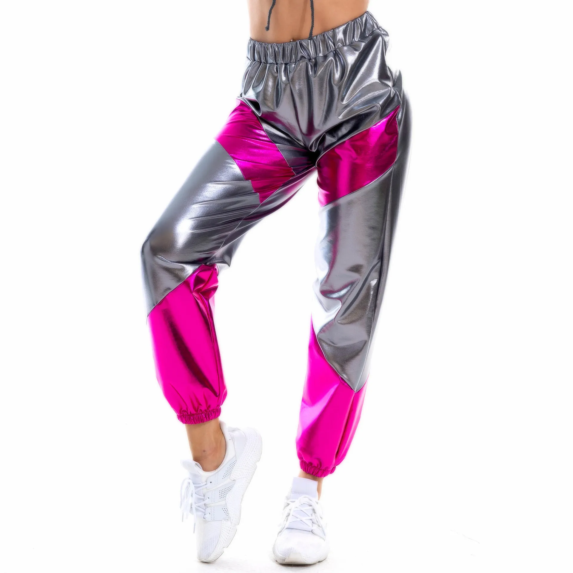 

2021 new Color blocking pants women's Gilded patent leather colorful laser pocket loose women's pants sweatpants cargo pants