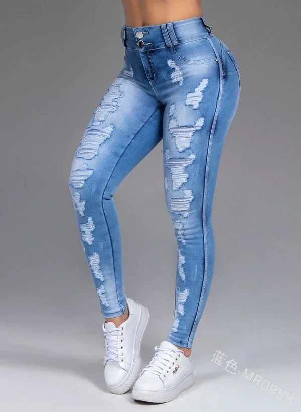 

Mandylandy Women's Fashion Hole Skinny Jeans Spring and Autumn Leisure Solid Color High Waist Denim Pencil Pants