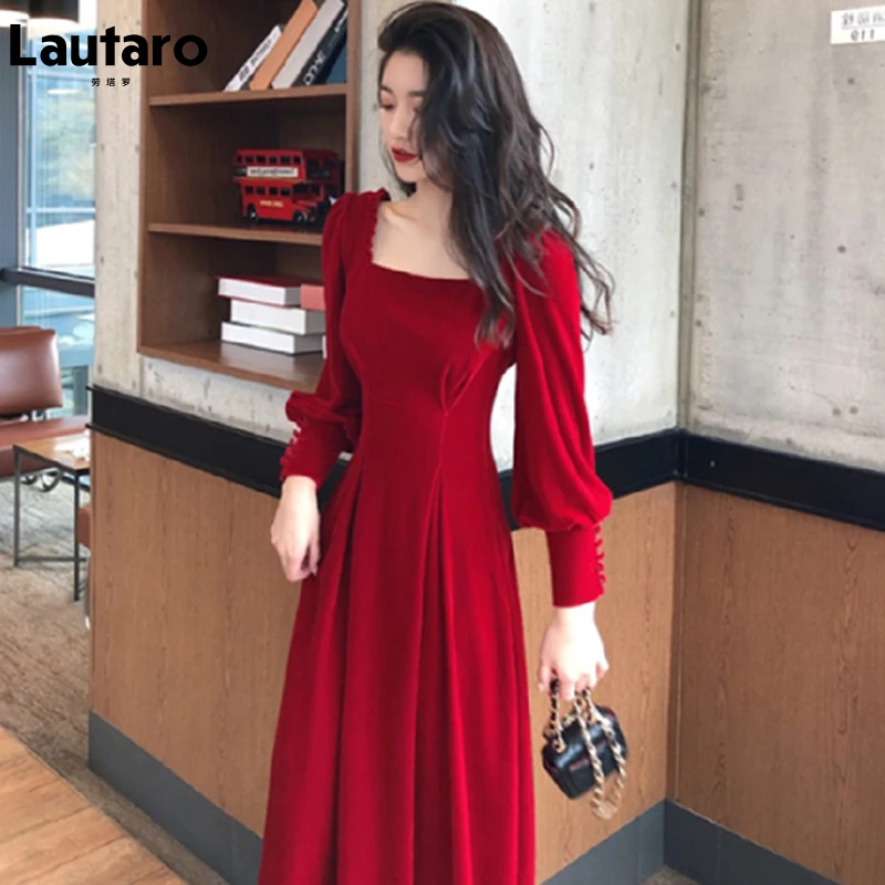 

Lautaro Весеннее красное черное бархатное платье миди нарядное с пышной юбкой и длинным рукавом с квадратным вырезом Элегантная роскошная жен...