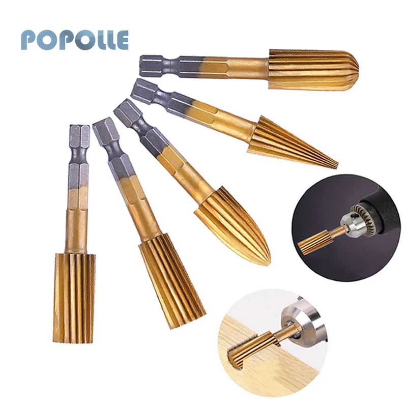 Rotary File 5PCS HSS Titanium-plated Woodworking Rotary File Wood Carving Polishing Grinding Head Shaped File 6.35mm Handle