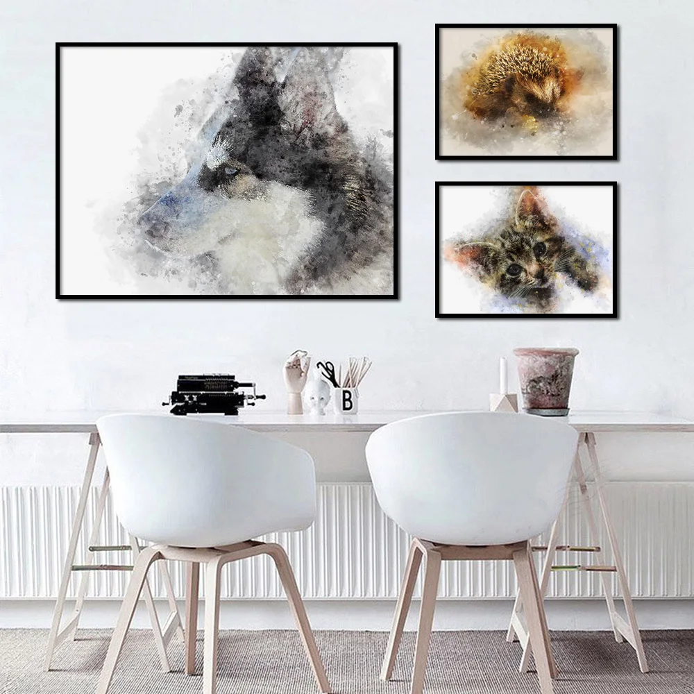 

Watercolor Animal Dog Hedgehog kitten Cat Wall Art Canvas Painting Nordic Posters and Prints Wall Pictures for Living Room Decor