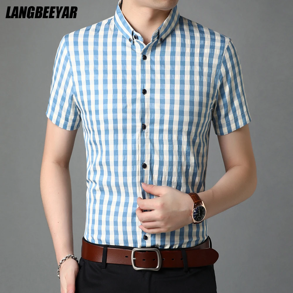 

2021 Top Grade New Summer Brand Designer Plain Plaid Mens Button Down Slim Fit Short Sleeve Shirt Casual Fashion Men Clothing