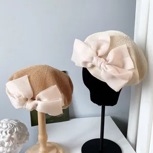 Japanese Style Big Bow Autumn Beret Cap Female Women Summer Breathable Knitted Hat Temperament Paint