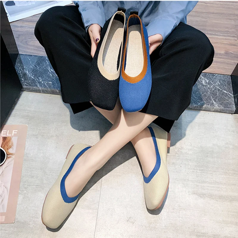 2022 Women's Flat Shoes Pregnant Shoes Beanie Shoes Woman Summer Breathable Knitted Square Head Single Shoes Casual Lazy Shoes