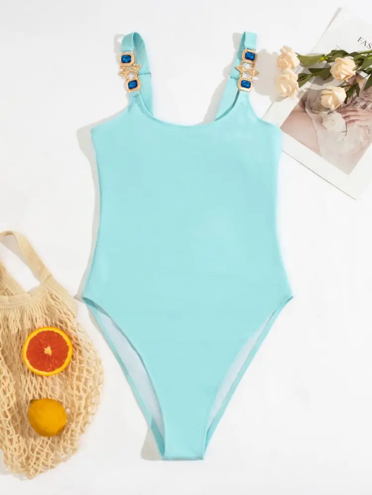 

Hot Selling Women's Solid Color Crystal Diamond Sling One-Piece Bikini Swimwear Swimsuit