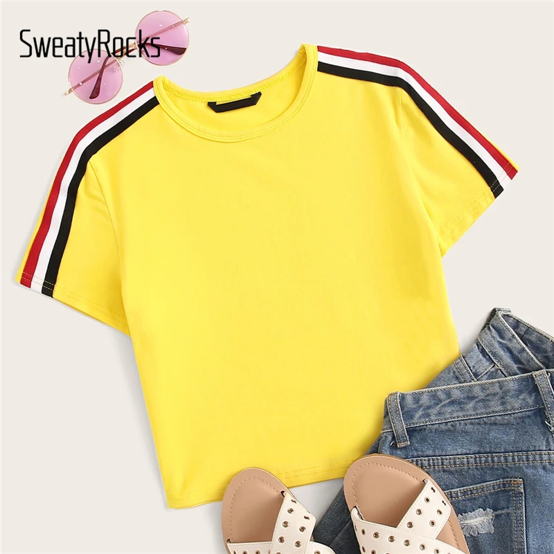 SweatyRocks топ в контрастную полоску, уличная одежда с коротким рукавом, женские футболки с боковой полосой, летние повседневные женские короткие футболки