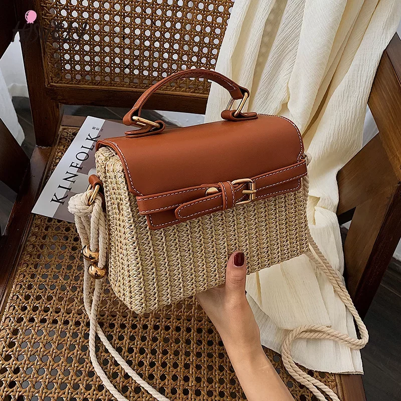 

Casual Box Straw Women Shoulder Bags Designer Wicker Weave Handbags Patckwork Summer Beach Rattan Bag Lady Small Flap Purse 2021