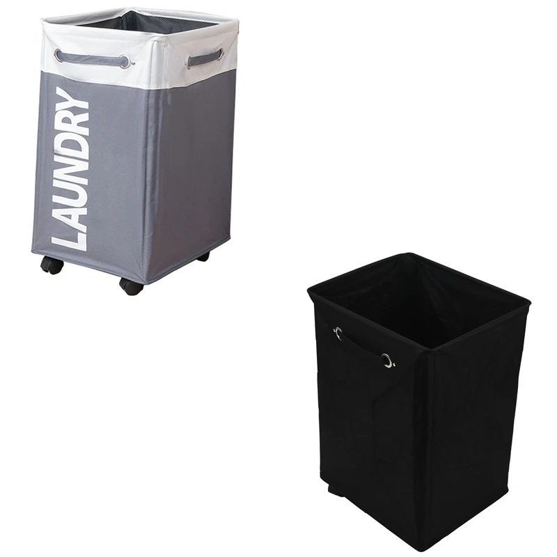 

2x Dirty Clothes Laundry Basket Foldable Storage Basket with Wheel Gray & White & Black