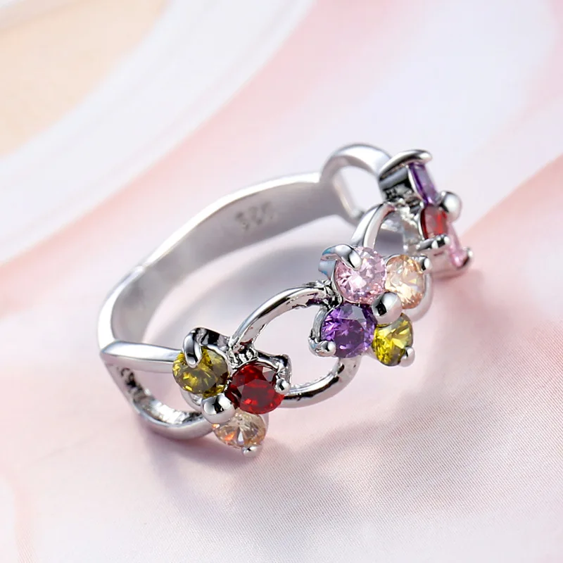 Top Quality Authentic Silver Color Plum Flower Ring Micro Pave Multicolor CZ Women Party Wedding Jewelry Gifts Wholesale | Украшения и