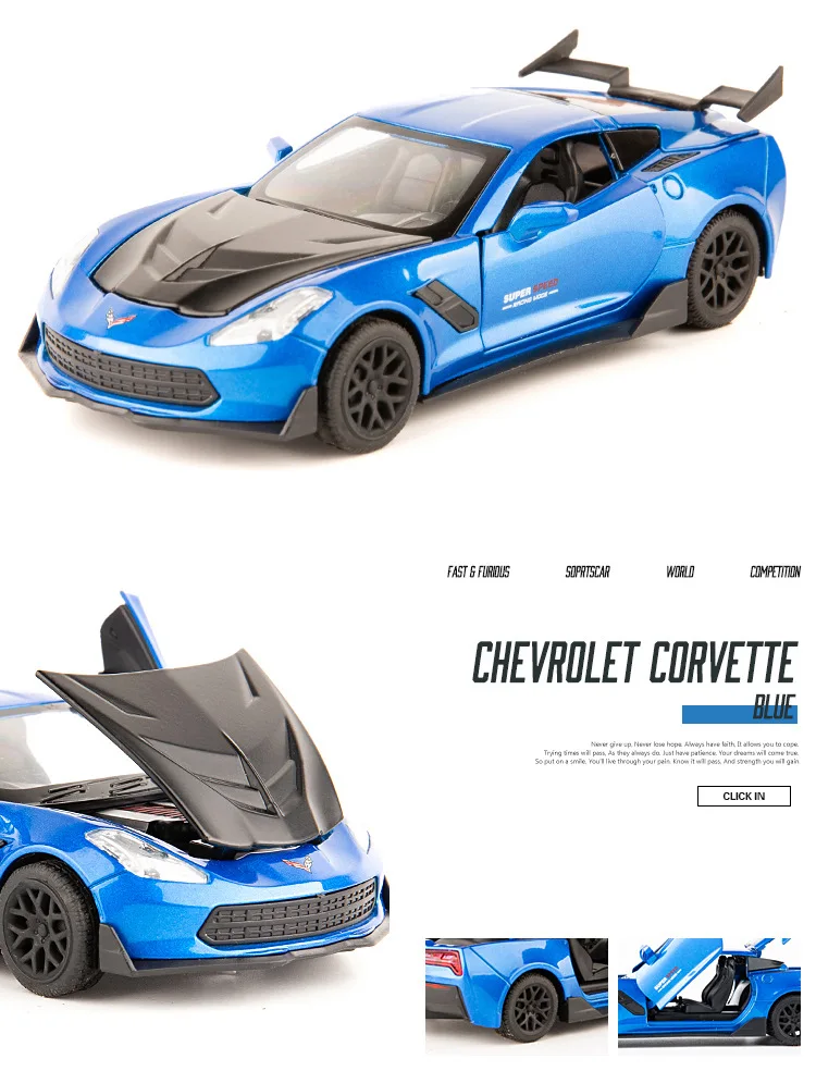 1:32 high simulation Corvette alloy pull back car model children's sound and light toy car ornaments for children gifts