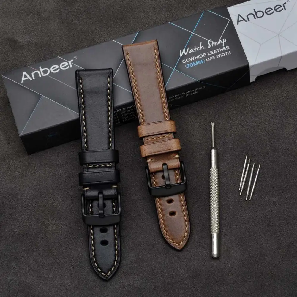 Ремешок для часов Anbeer из мягкой телячьей кожи 18 мм 19 20 21 22 23 24 с черной пряжкой