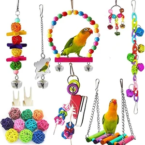 19Pcs Swing Toys Bird Parrot Pet Bird Cage Hammock Shoe Chewing Toy Hanging Bell Wooden Perch for Parrots Birds Parakeets Toys