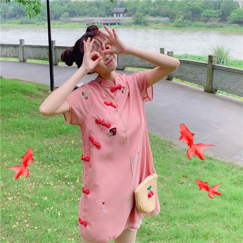 Китайское летнее женское платье с вышивкой в стиле ретро Милая Короткая юбка