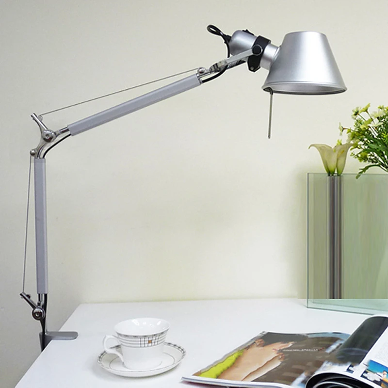 Adjustable Long Swing Arm Desk Lamp Modern Fashion Silver Aluminium Office Reading Study LED Clamp Desktop Table Light with Clip | Освещение