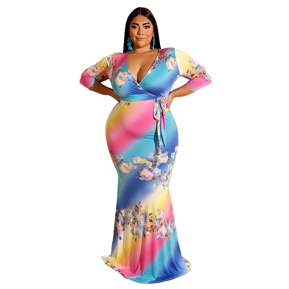 Женское длинное облегающее Макси платье с цветочным принтом и поясом в