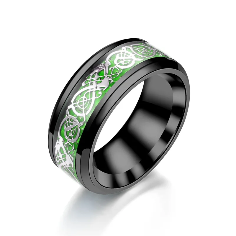 

Domineering Man And Women Ring Red Green Carbon Fiber Black Dragon Inlay Comfort Fit Stainless Steel Rings For Male Wedding Band