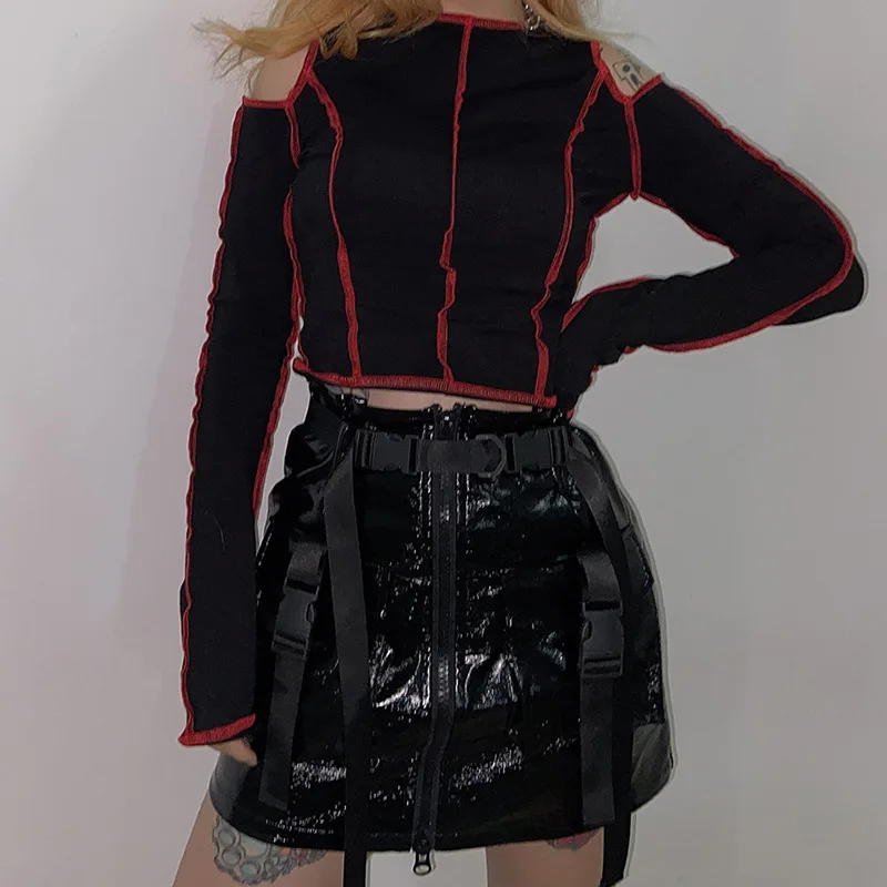 Женская мини-юбка Goth черная из искусственной кожи с кисточками и карманами