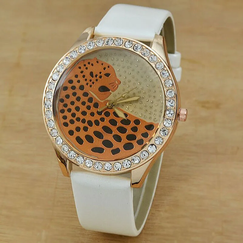 Модные женские часы с кристаллами кожаный ремешок кварцевые пантера Часы Relogio
