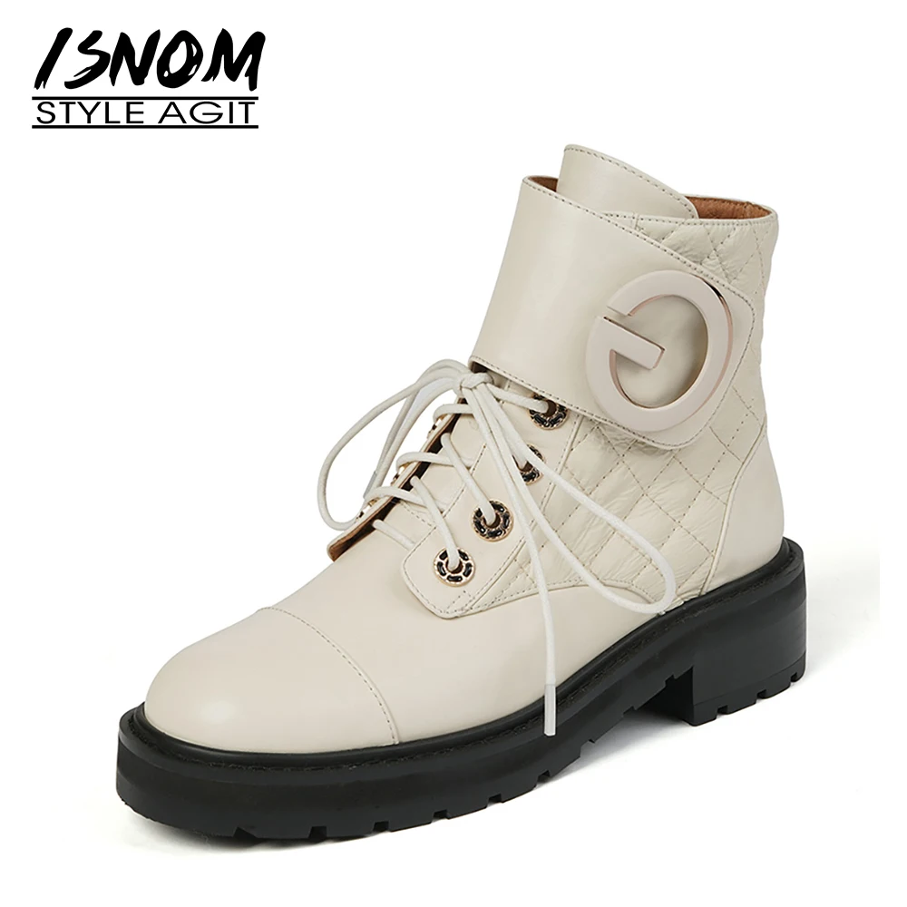 

ISNOM Women Ankle Boots Genuine Leather Plaid Flat Booties Women Chunky Heel Platform Women Winter Boot Round Toe Lace-up Buckle