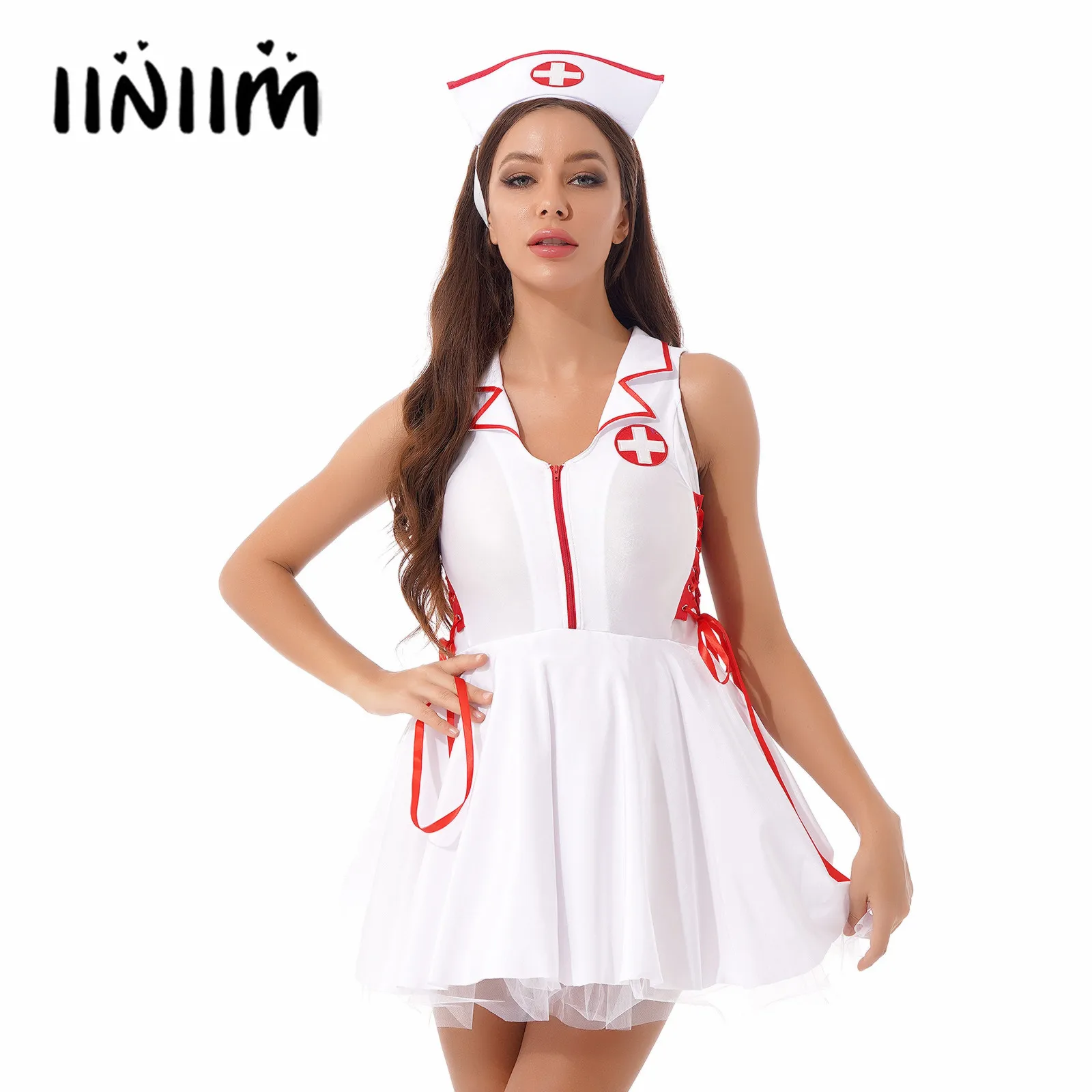 

Womens Lace-up Nurse Sexy Cosplay Costume Halloween Role Play Outfit Notched Collar Sleeveless Zipper Flared Dress with Hat