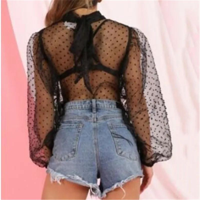 Прозрачные сетчатые свободные блузки новая мода прозрачные в горошек с пышными