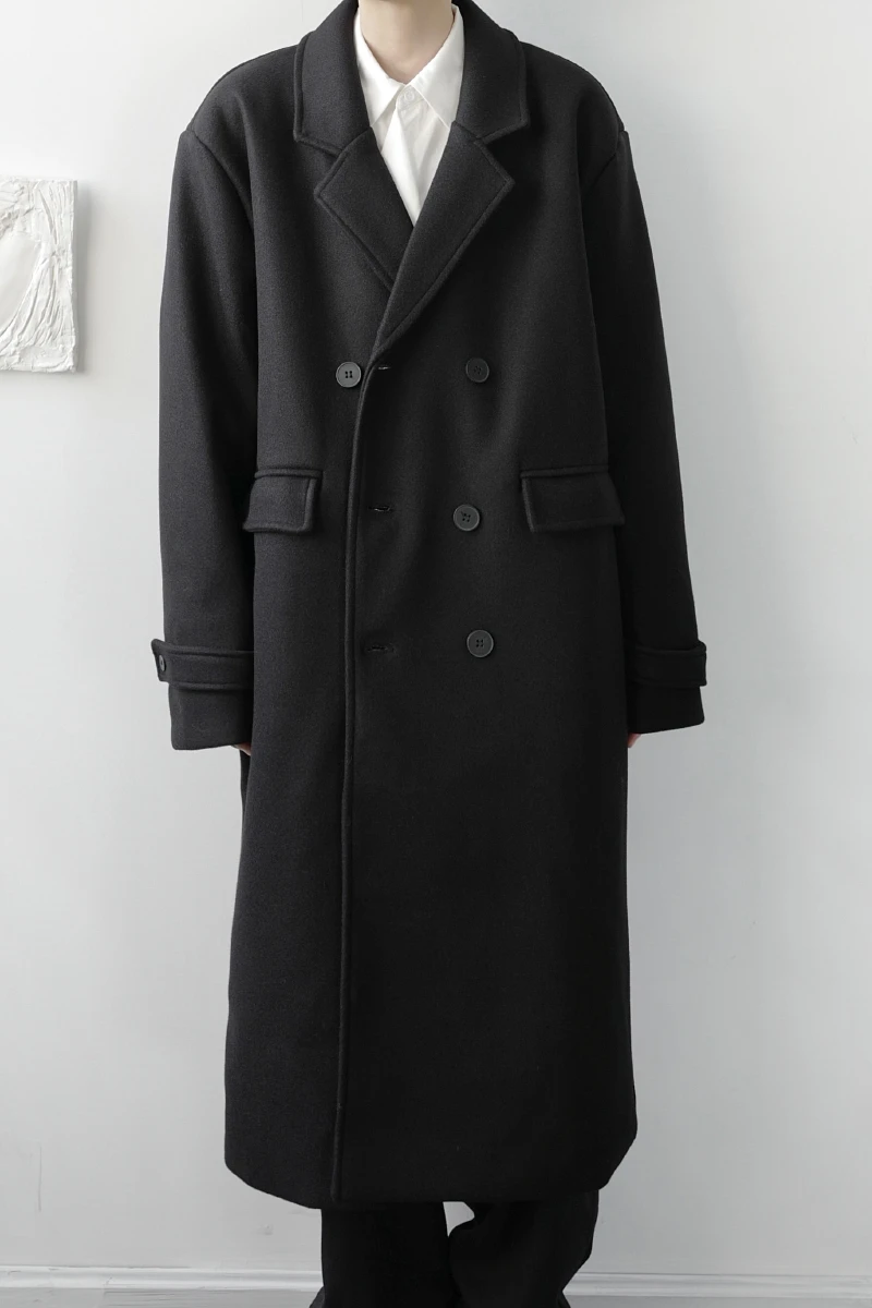 

S-XL!Autumn and winter cold wind striped lining mid-length double-breasted woolen coat in trendy men's wear drop shoulder woolen