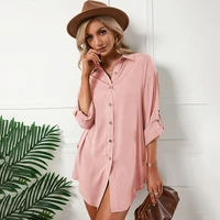 new women simply shirts single breasted casual office lady long sleeve blouse roupas fashion chic chemise tops shirt mini dress