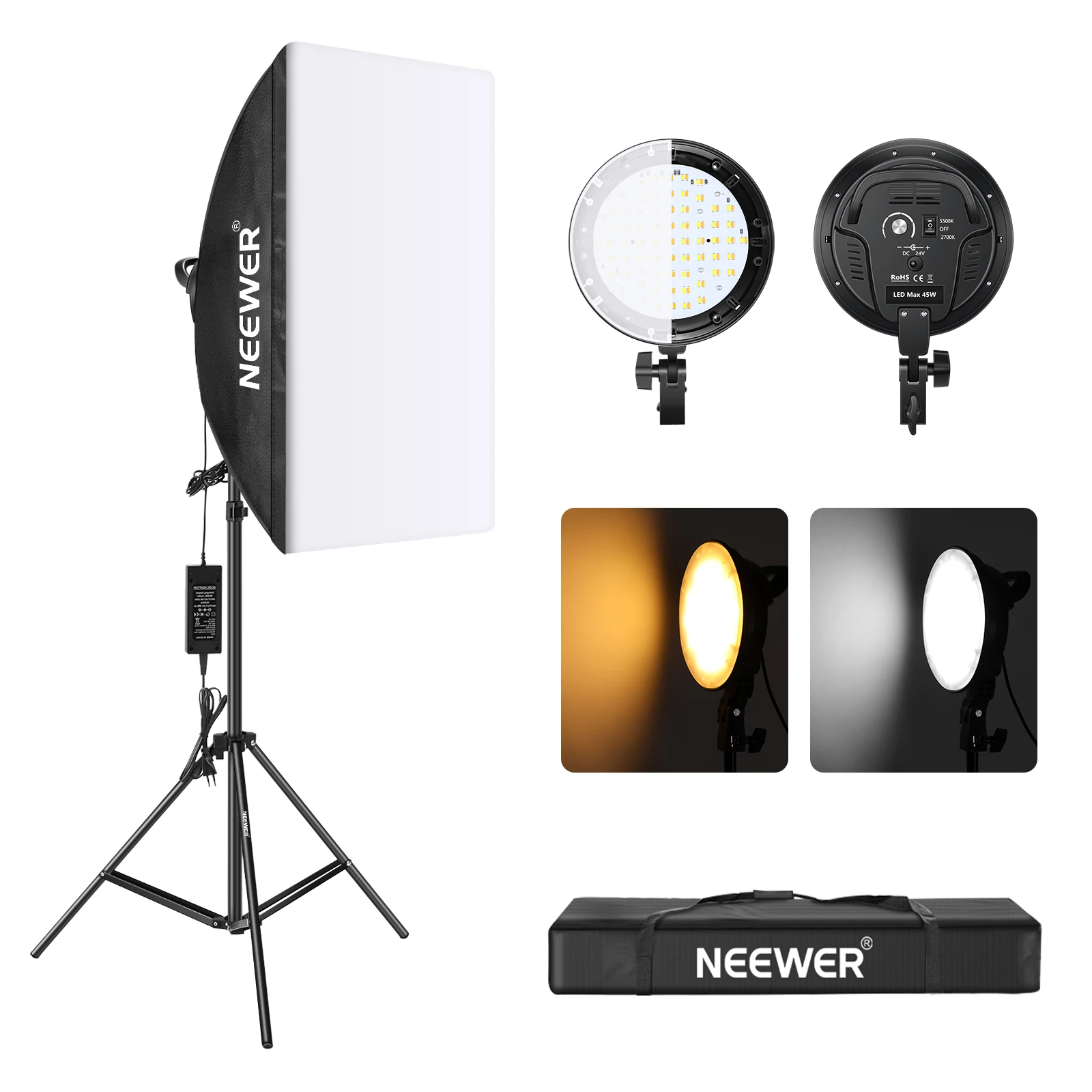 

Neewer 45W LED Softbox Lighting Kit 2700K/5500K Dimmable LED Light Head 18.9x26.8 inches Softbox and Light Stand for Studio