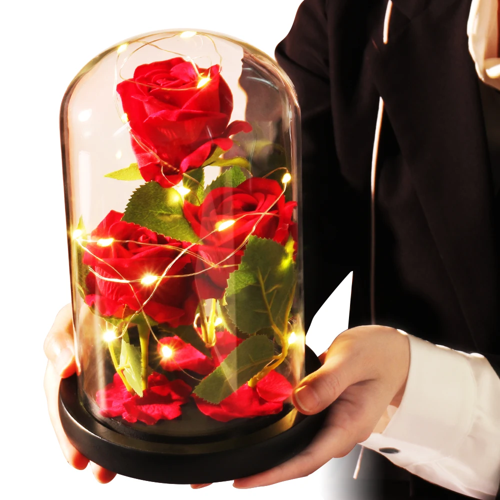 

2021 Romantic With Lamp Glass Cover Artificial Flower Home Decor Gifts Wedding Christmas Valentine Mother's Day for Girls