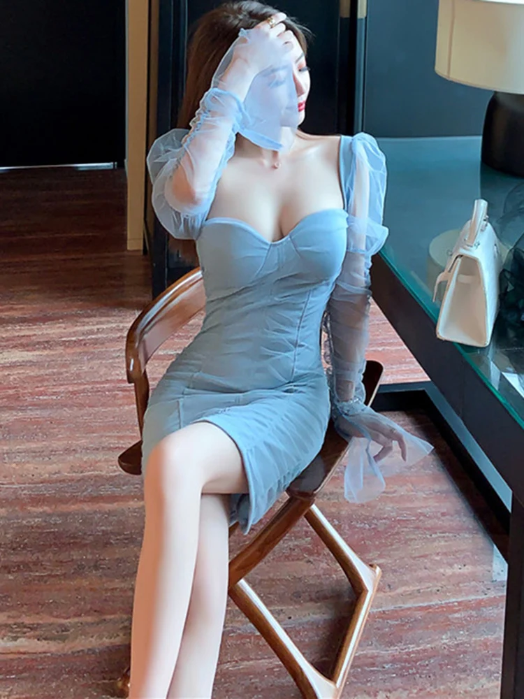 

2020 new temperament bag hip mesh stitching long-sleeved one-shoulder sexy dress Sheath Office Lady