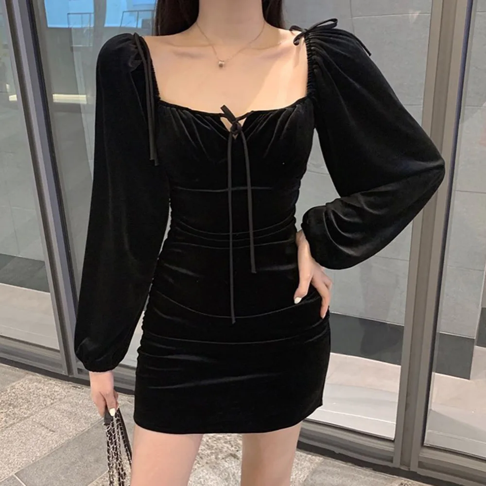 Gothic Vintage Velvet Short Dresses Sexy Lace Up Dress Mini Night Club Fashion Black Long Sleeve Spring 2020 Summer Платье | Женская