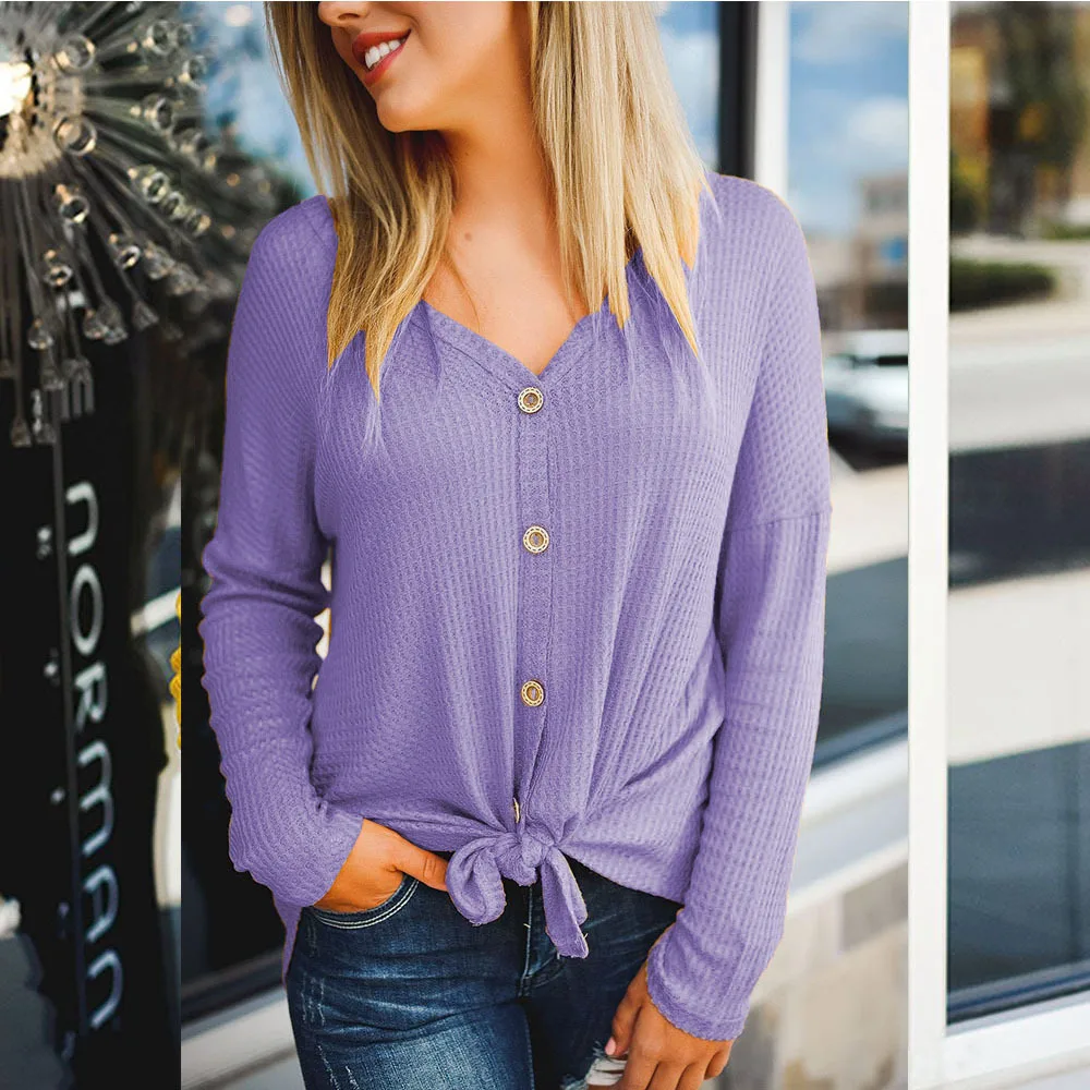 Loozykit женская уличная одежда Осенние футболки пуговицы Декор v образный вырез