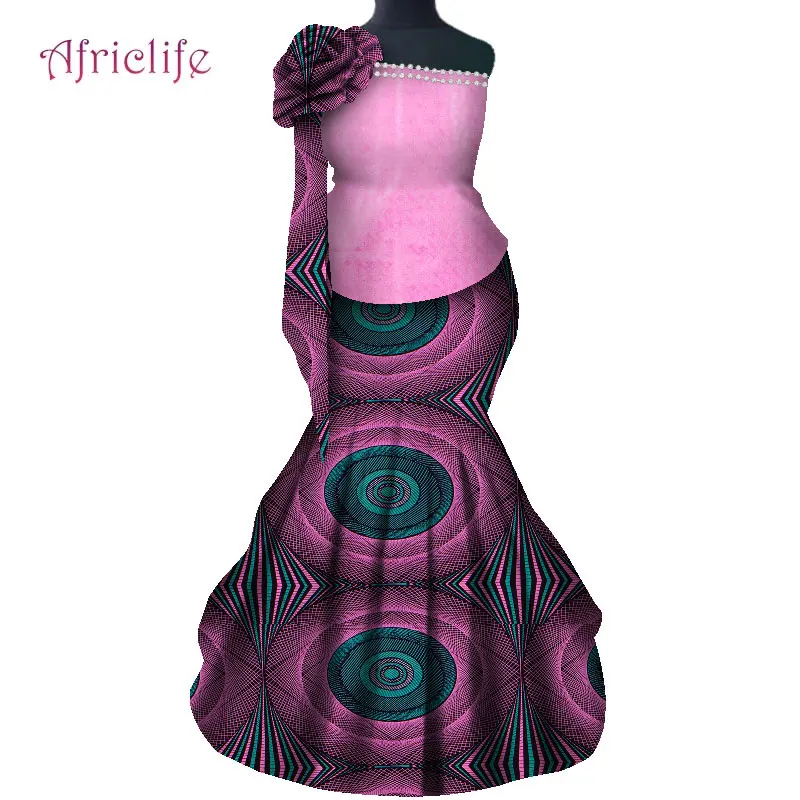 Women Evening Party Wedding Skirt Suit Sleeveless Shoulder Flower Pears Decoration Slim Top and Hip Floor-length Skirt  WY8045