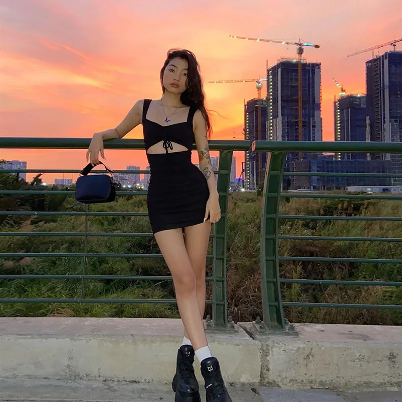 

Black Mall Goth Dress Women Hollow Out Sleeveless Slim Dresses 2021 Ulzzang Gothic Punk Emo EGirl Mini Dress Grunge Clothes